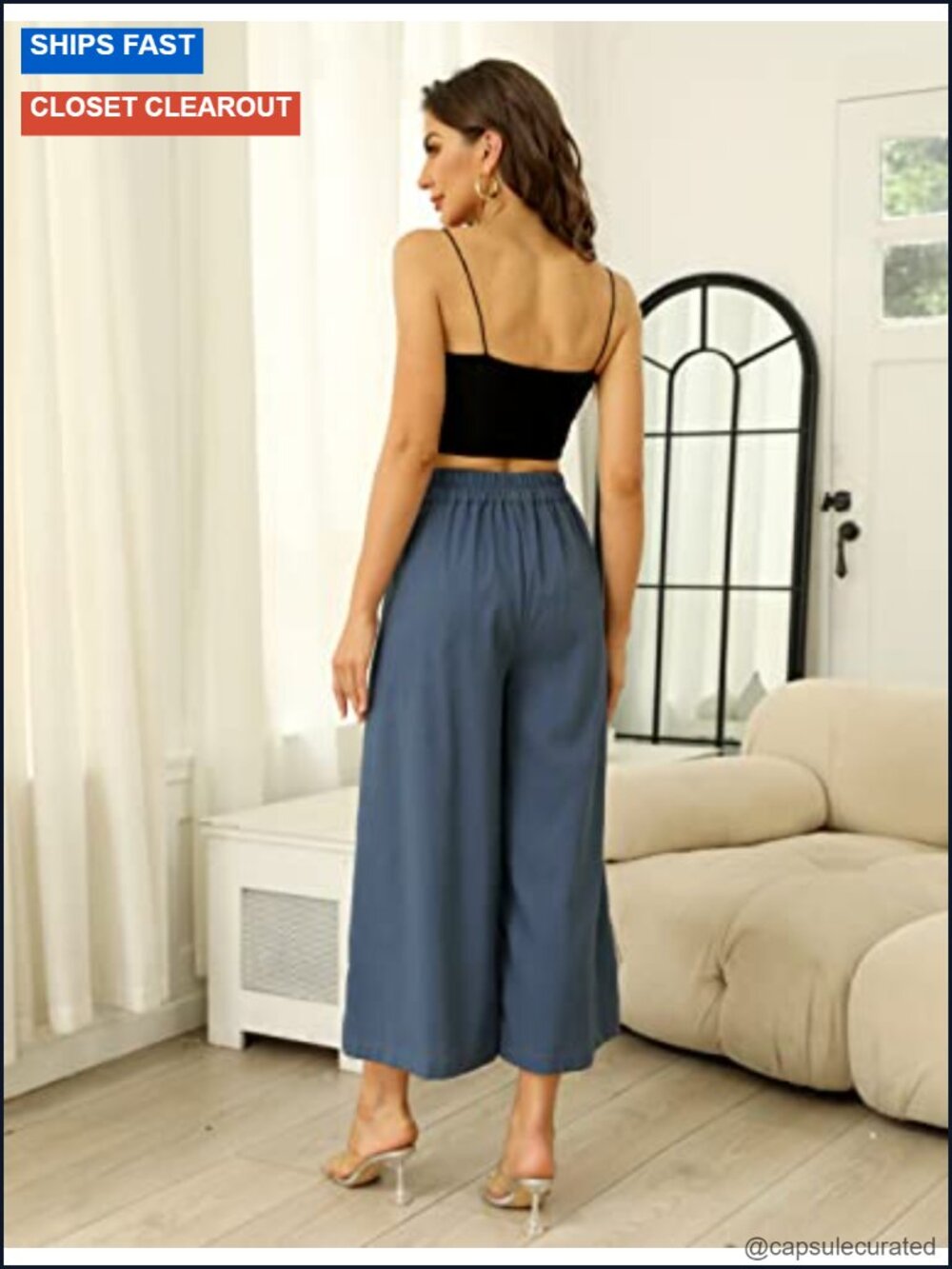 Wide Leg Cotton Linen Culottes Pants with Pockets Elastic Waist - Picture 3 of 6